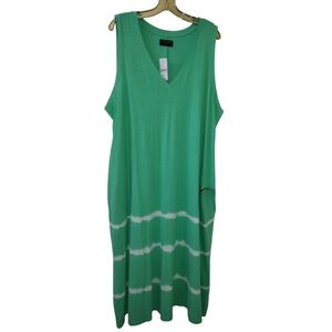 Lane Bryant Green White Sleeveless V Neck Tie-Dye Swing Dress Pockets 18/20 NWT